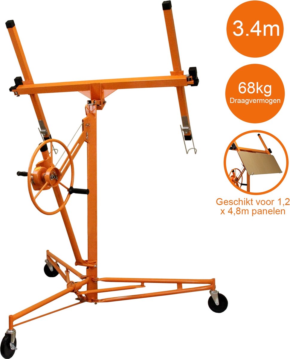 Platenlift voor gipsplaten - Panelen - 3.5 meter hoogte - Max gewicht 68 kg - Geschikt voor panelen tussen 1.2 meter en 4.8 meter - 10 cm dikke zwenkwielen -