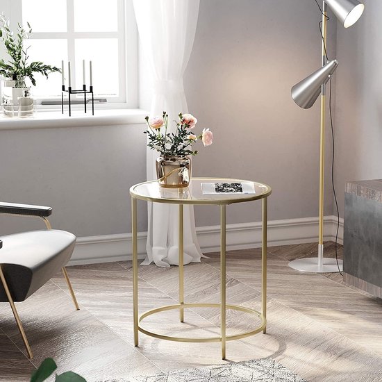 VASAGLE Bijzettafel Rond, Glazen Tafel Met Gouden Metalen Frame Kleine Salontafel Nachtkastje Sofatafel Balkon Robuust Gehard Glas Stabiel Decoratief Goud Lgt20g