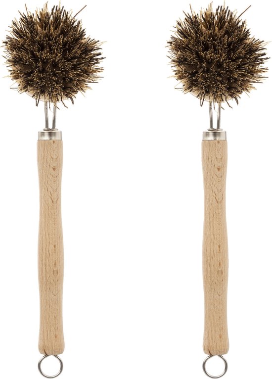 2x stuks afwasborstel ronde kop met reserve borstelkop 23 cm van hout - Afwassen - Schoonmaken