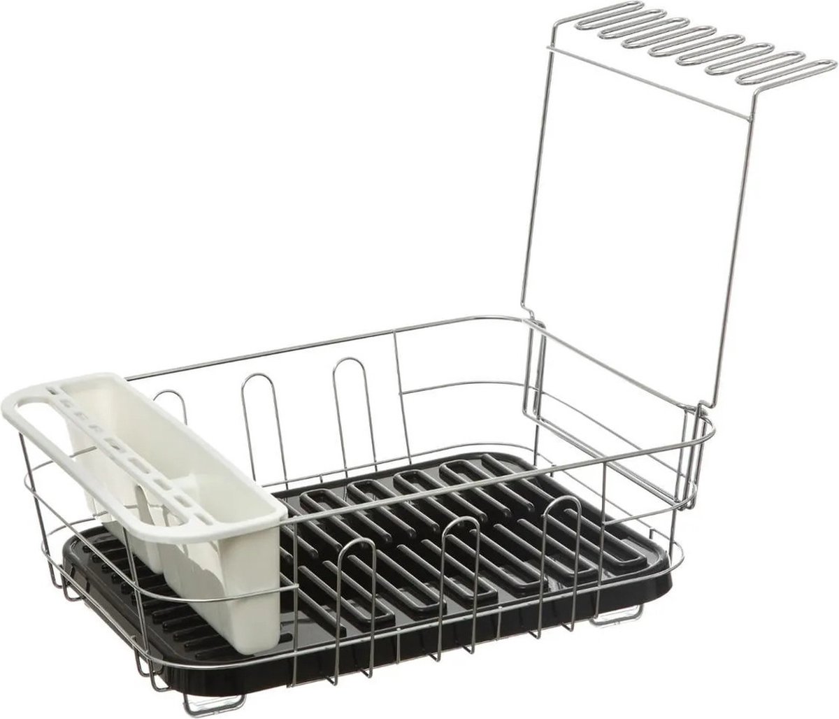Goedkoopste Luxe afdruiprek/afwasrek zwart met lekbak en extra wijnglazen houder 44 x 36 cm van metaal - Afwassen