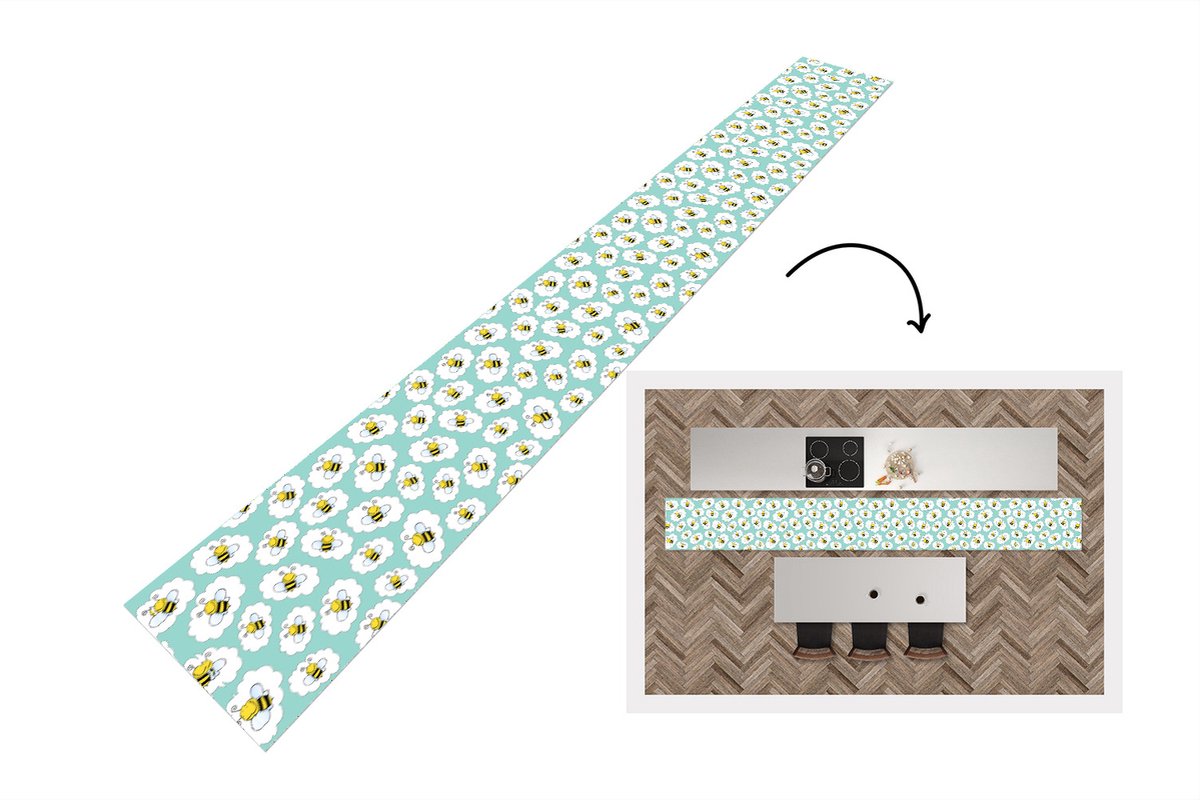Keukenloper - Keukenmat - Bij - Insecten - Patroon - Groen - 400x50 cm - Keuken vloerkleed