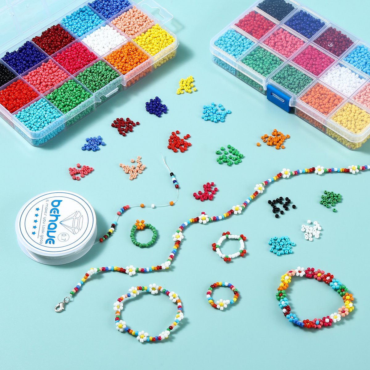 Behave 7500 Glaskralen Set - DIY Sieraden maken - Kralen Set - Rocailles - Bedels - Rijgdraad - 15 Kleuren - 3mm — afbeelding 11