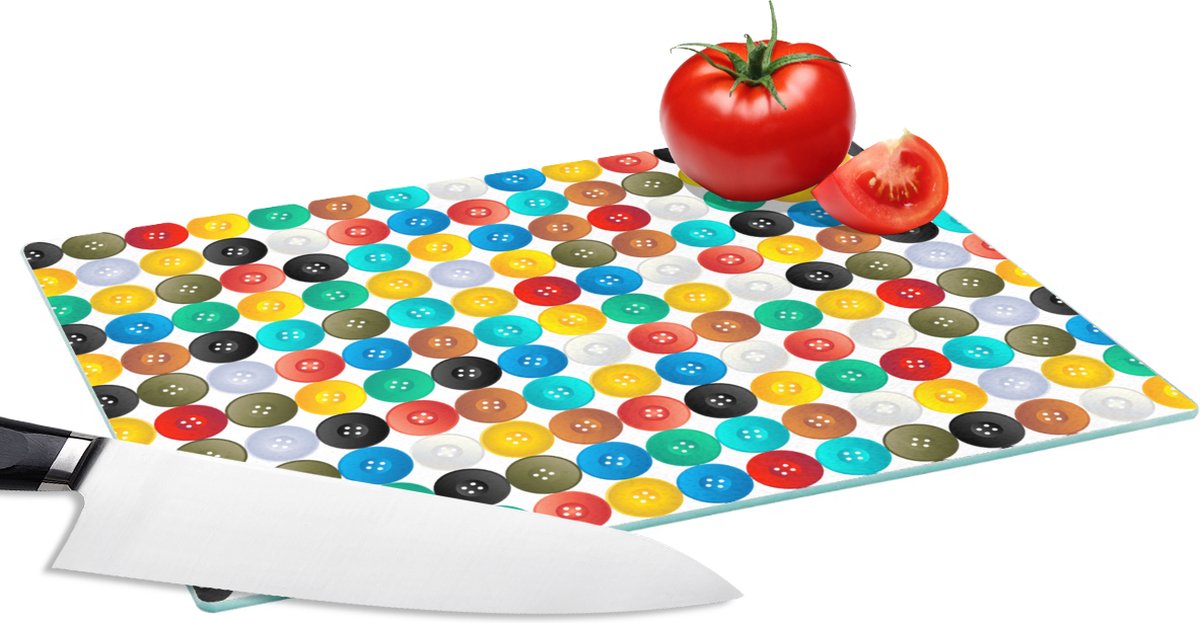 Glazen Snijplank - 28x20 - Knopen - Regenboog - Kleding - Design - Snijplanken Glas