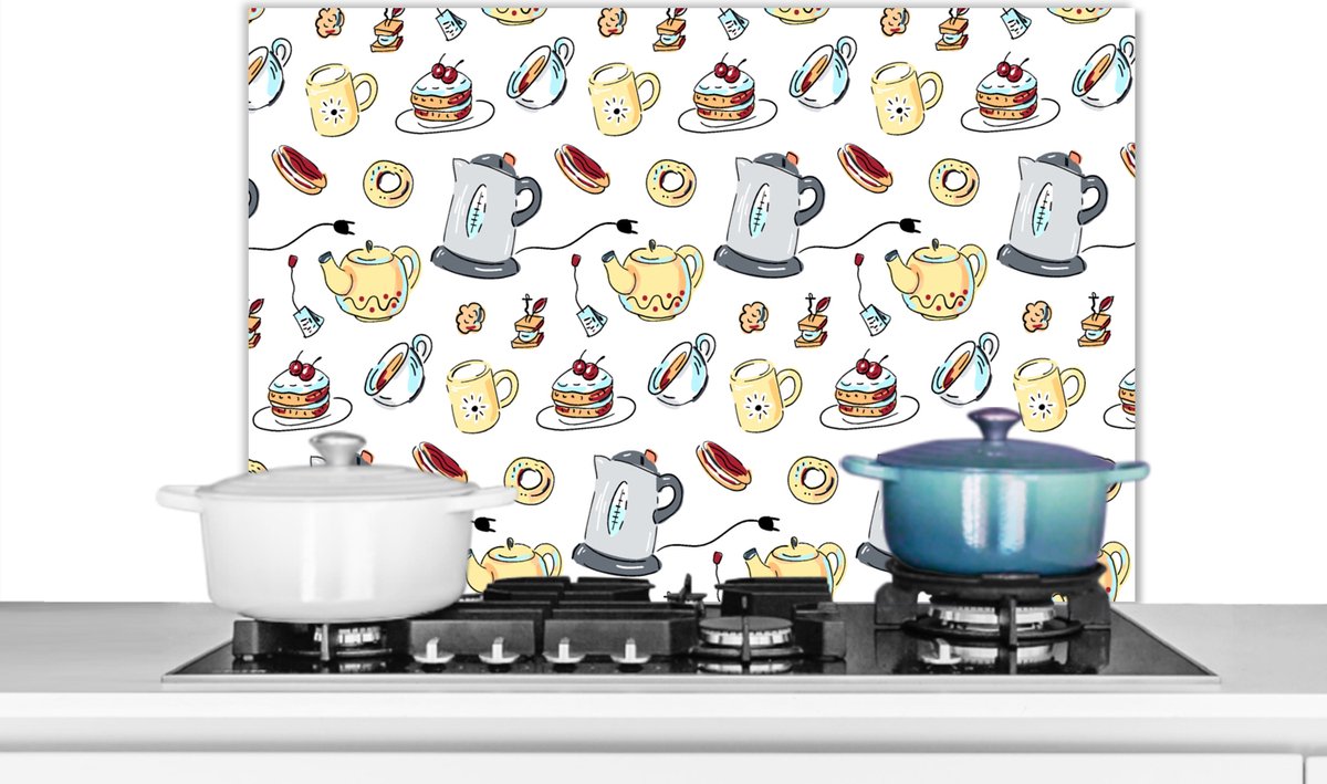 Spatscherm keuken 90x60 cm - Kookplaat achterwand Patronen - Thee - Taart - High tea - Muurbeschermer - Spatwand fornuis - Hoogwaardig aluminium