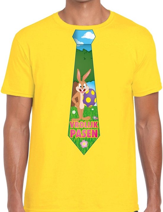 Geel Paas t-shirt met paashaas stropdas - Pasen shirt voor heren - Pasen kleding S