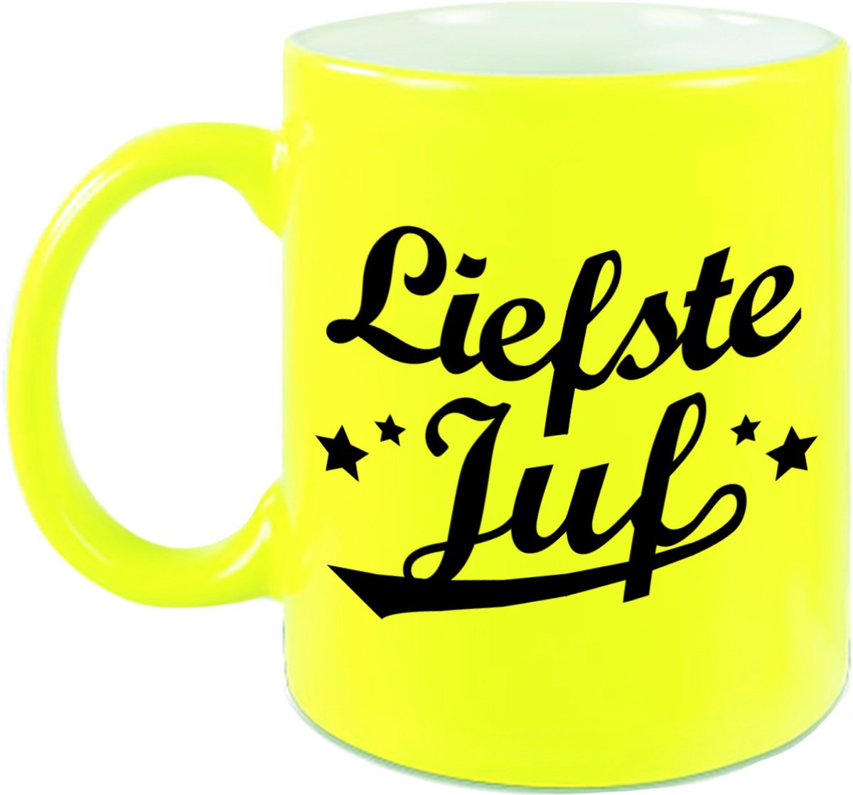 Liefste juf cadeau mok 330 ml - neon geel - Juffendag/ einde schooljaar cadeau