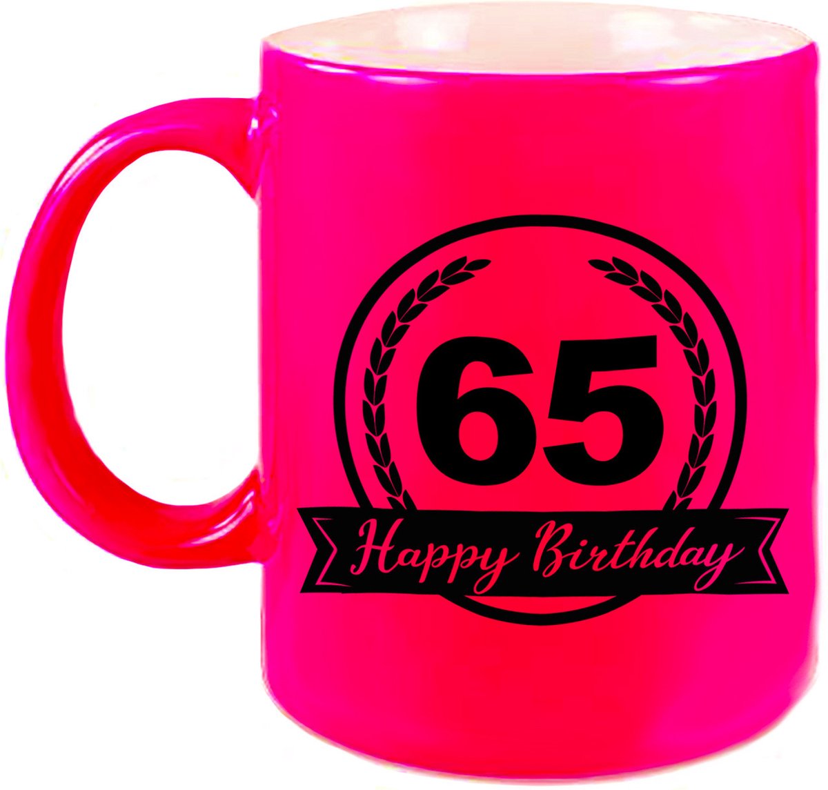Happy Birthday 65 years cadeau mok / beker met wimpel - 330 ml - neon roze - verjaardag