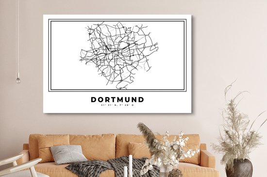 Canvas schilderij 150x100 cm - Wanddecoratie Stadskaart – Plattegrond – Duitsland – Zwart Wit – Dortmund – Kaart - Muurdecoratie woonkamer - Slaapkamer decoratie - Kamer accessoires - Schilderijen