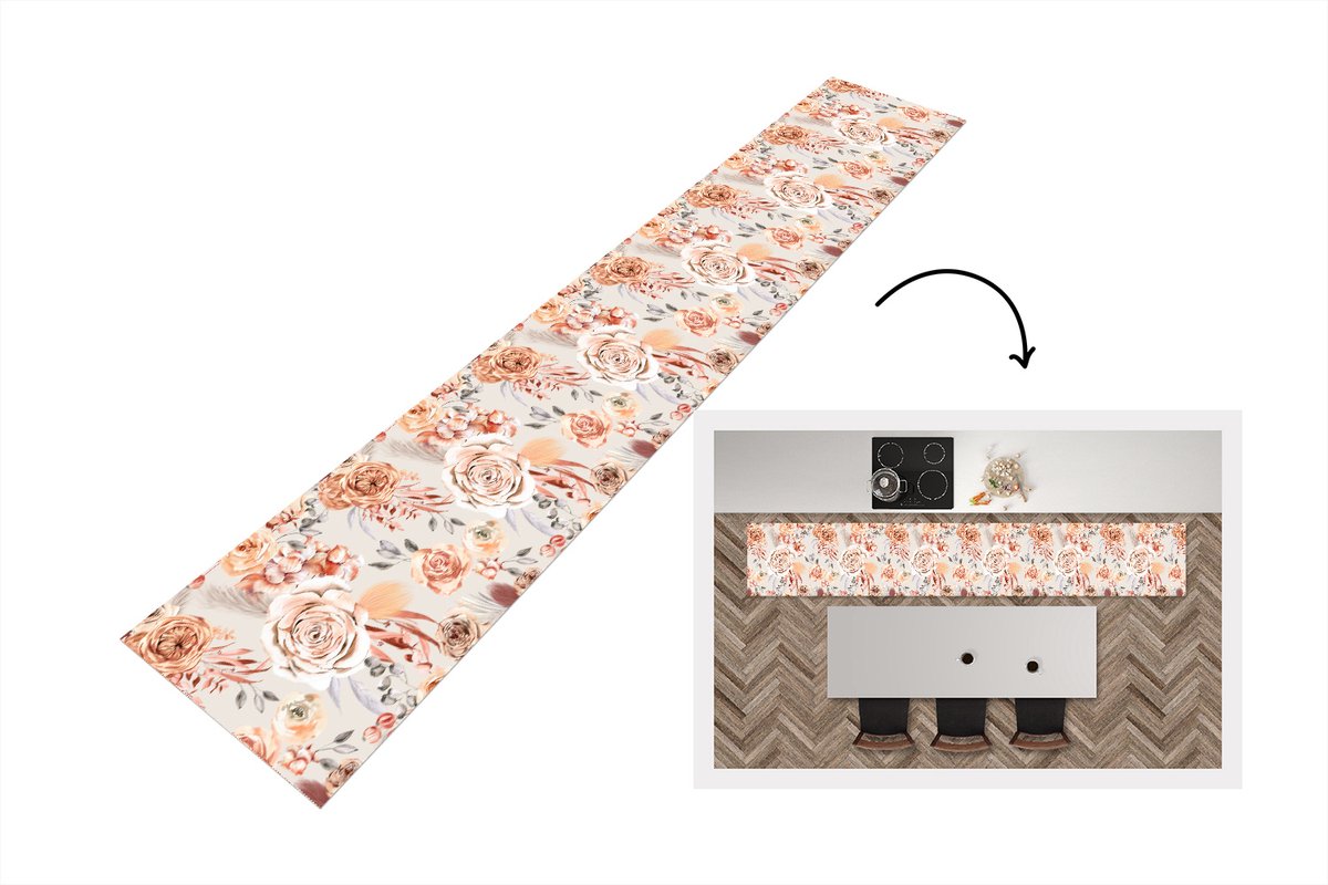 KitchenYeah Keukenloper 360x60 cm - Keukenmat vinyl Rozen - Bloemen - Patroon - Keukenmatten loper - Keuken vloerkleed tapijt