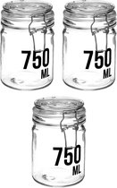 3x stuks inmaakpotten/voorraadpotten 0,75L glas met beugelsluiting - 750 ml - Voorraadpotten met luchtdichte sluiting