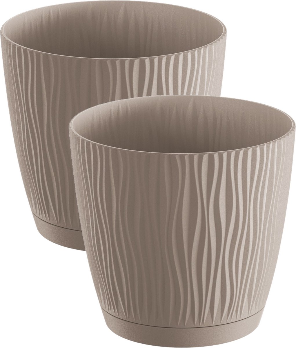 Prosperplast Plantenpot/bloempot Waves - 2x stuks - kunststof - taupe - D15 x H14 cm - binnen/buiten - met opvangschaal