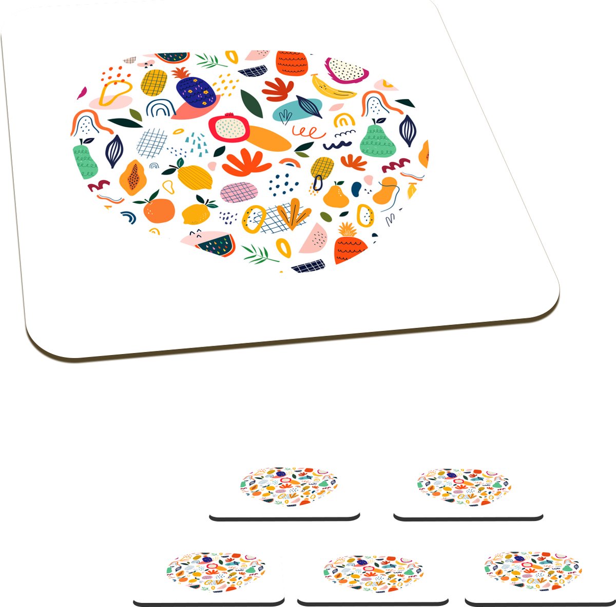Onderzetters voor glazen - Fruit - Ananas - Banaan - Planten - Eten - Wit - 10x10 cm - Glasonderzetters - 6 stuks