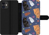 Telefoonhoesje Geschikt voor iPhone 12 Pro telefoonhoesje - Patronen - Kat - Ruimte - Jongens - Meisjes - Kinderen - Kids - Met vakjes - Wallet case met magneetsluiting