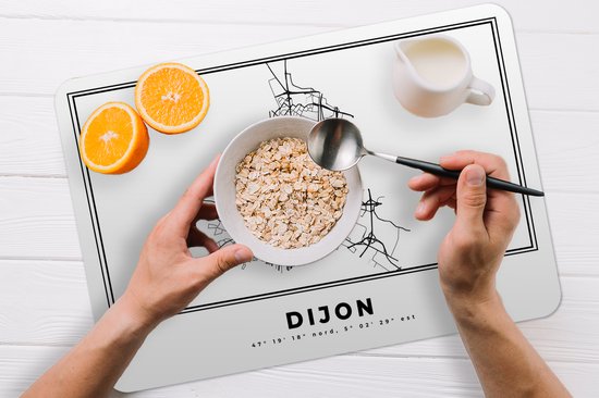 Set de table - Napperons plastique - Dijon - Carte - Wit Zwart - Plan de la ville - Carte - 45x30 cm - 6 pièces - Résistant à la chaleur - Antidérapant - Sous-couche - Amovible