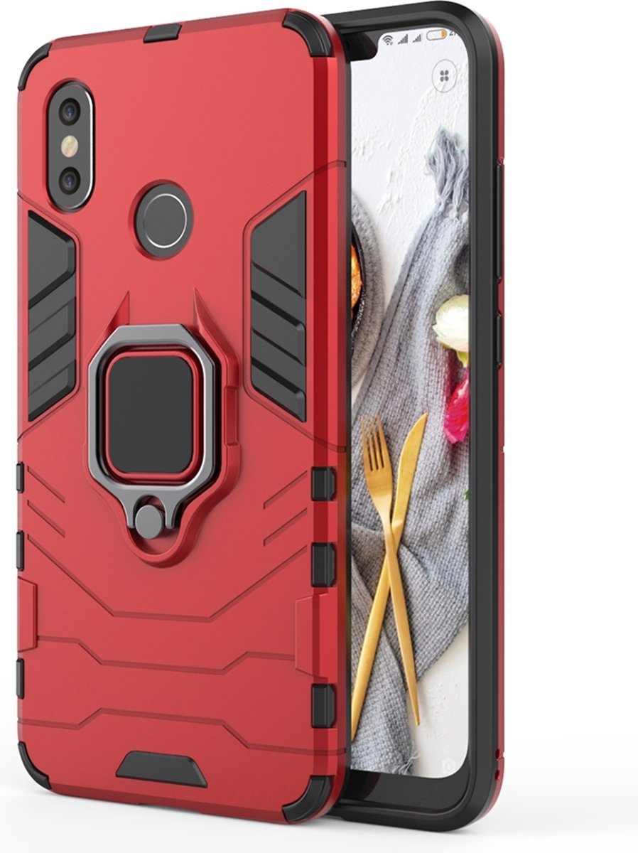 Mobigear Hoesje geschikt voor Xiaomi Mi 8 Telefoonhoesje Hardcase | Mobigear Armor Ring Backcover Shockproof met Ringhouder | Schokbestendig Mi 8 Telefoonhoesje | Anti Shock Proof - Rood