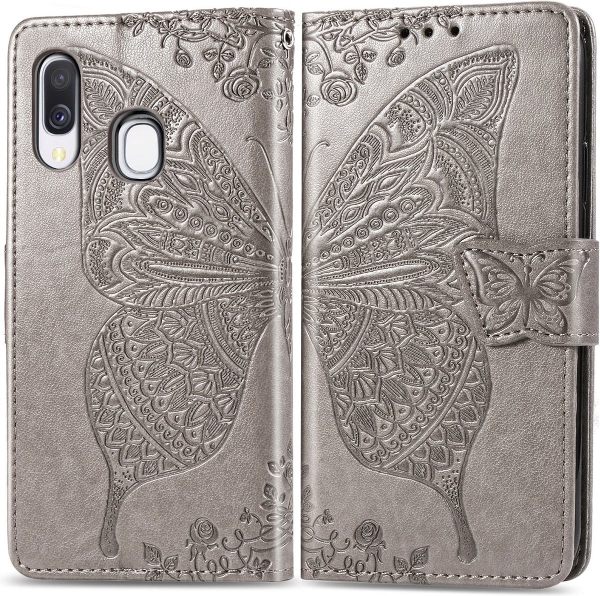 Mobigear Telefoonhoesje geschikt voor Samsung Galaxy A40 Hoesje | Mobigear Butterfly Bookcase Portemonnee | Pasjeshouder voor 3 Pasjes | Telefoonhoesje voor Pinpas / OV Kaart / Rijbewijs - Grijs
