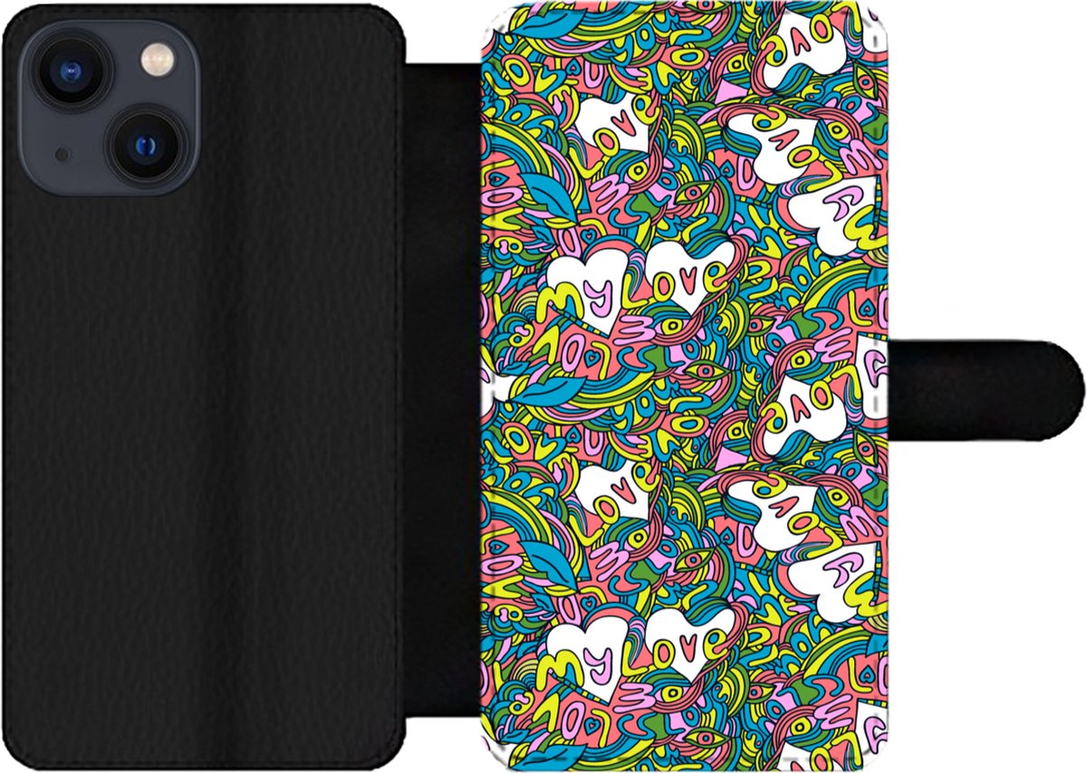 Telefoonhoesje Geschikt voor iPhone 13 Mini telefoonhoesje - Meisje - Liefde - Patronen - Love - Girl - Kids - Kinderen - Met vakjes - Wallet case met magneetsluiting