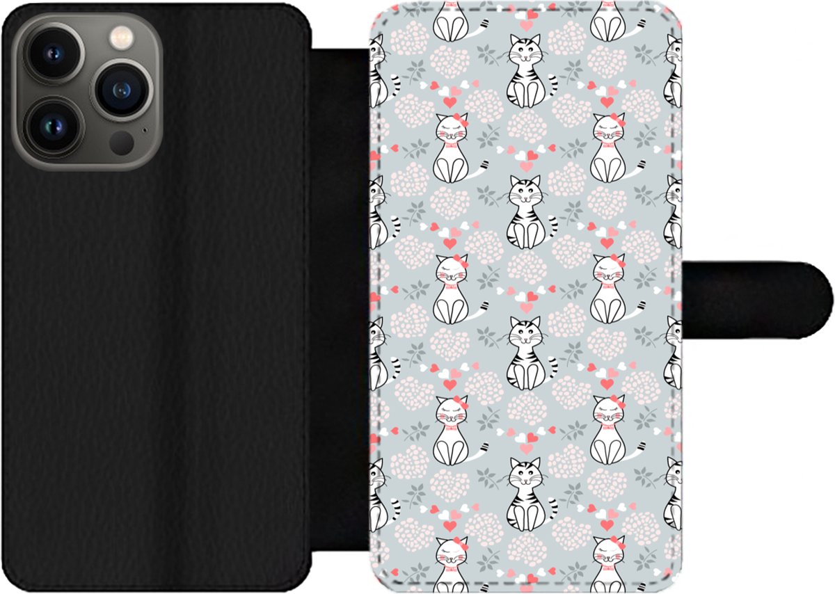 Telefoonhoesje Geschikt voor iPhone 13 Pro Max telefoonhoesje - Patronen - Kat - Hart - Girl - Kids - Kinderen - Meiden - Met vakjes - Wallet case met magneetsluiting