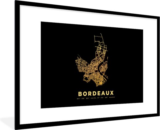 Fotolijst incl. Poster - Plattegrond – Bordeaux - Frankrijk - Goud – Stadskaart - Kaart - 90x60 cm - Posterlijst