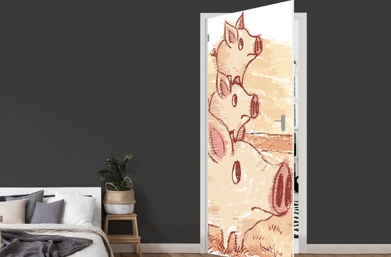 Deursticker een varken met twee biggetjes - 95x235 cm - Deurposter