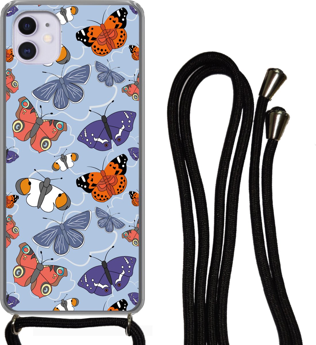 Telefoonhoesje Geschikt voor iPhone 11 - Meisjes - Vlinder - Oranje - Patronen - Girl - Kids - Kinderen - Meiden - Siliconen - Crossbody - Backcover met Koord - Telefoonhoesje met koord - Hoesje met touw Telefoonhoesje