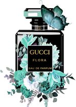 Glasschilderij - Gucci parfumfles - bloemen - 60x80 cm - Wanddecoratie