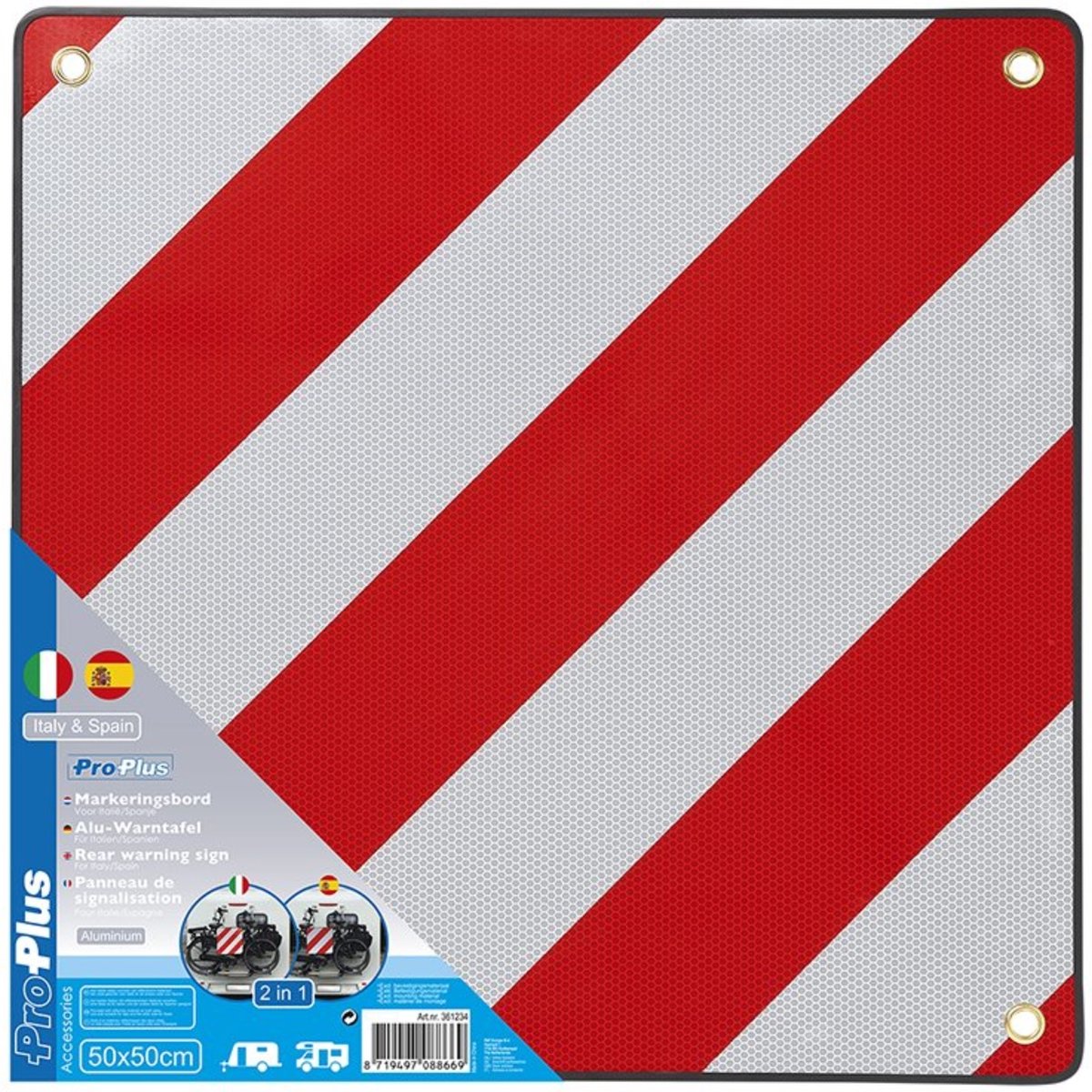2in1 Markeringsbord Italië Spanje Dubbelzijdig Reflecterend Aluminium 50x50 Cm Voor Fietsendrager Uitstekende Lading Met 4 Versterkte Ogen