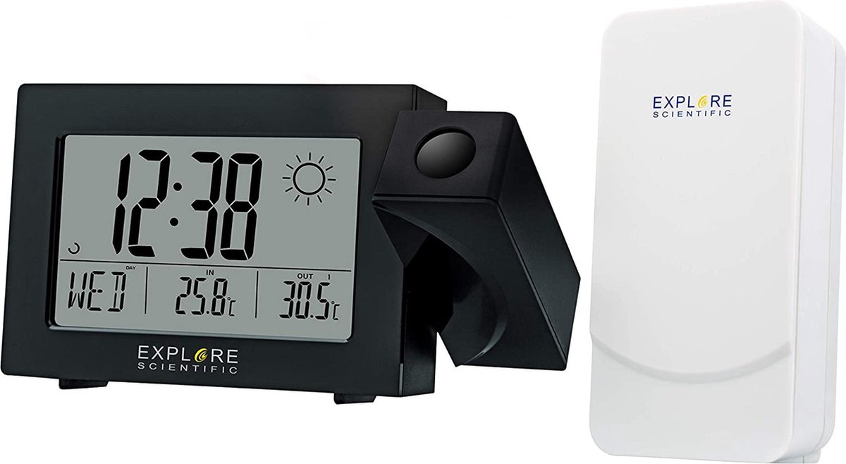 Explore Scientific RDW3008 | Radio gestuurde digitale projectiewekker | Groot Display | Weersvoorspelling | Dag aanduiding | Binnen – en buitenthermometer | Zwart