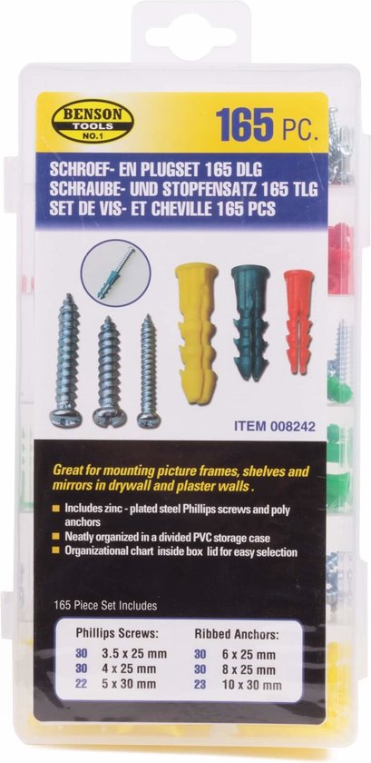 Benson Tools 165-delige pluggen- en schroeven set in verpakking met afbeeldingen van de inhoud.