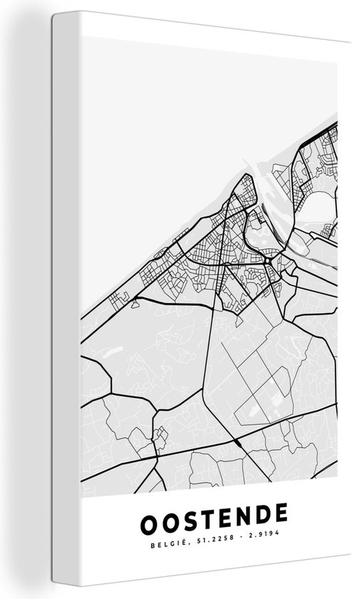 Canvas Schilderij België – Oostende – Stadskaart – Kaart – Zwart Wit – Plattegrond - 60x90 cm - Wanddecoratie