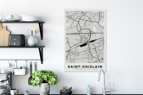 Toile Peinture City Map - Zwart Wit - Carte - Saint Ghislain - België - Carte - 40x60 cm - Décoration murale