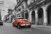 Schilderij - Rode oldtimer in de straten van Havana, Cuba, Zwart wit rood , 3 maten , Premium print