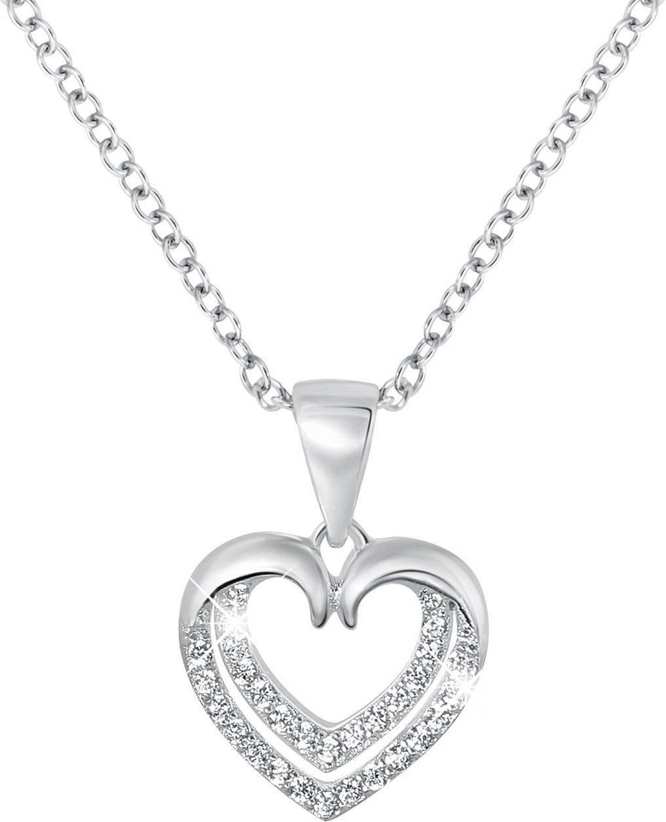 Zilveren ketting&hanger dubbel hart met zirkonia