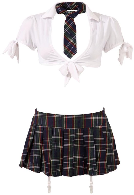 Cottelli Collection – Stout School Meisje Set met Rok en Top voor Ondeugende Meiden – Maat M – Wit