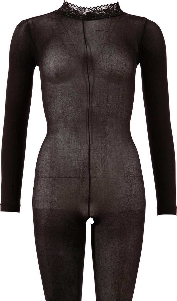 Mandy Mystery Lingerie – Catsuit met Open Rug en Kruis met Kant Afgewerkt Kraag – Maat S/M - Zwart