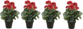 4x Kunstplant Geranium rood in pot 35 cm - Kamerplant rode Geranium