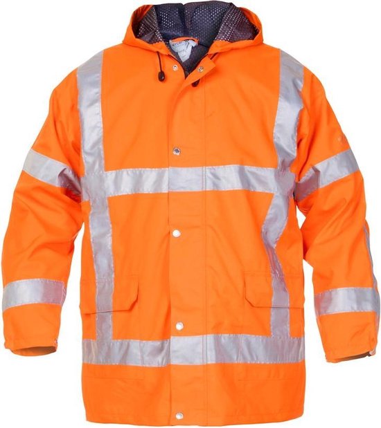 Oranje Hydrowear reflecterende jas met capuchon, drukknoopsluiting en grijze reflecterende banden.