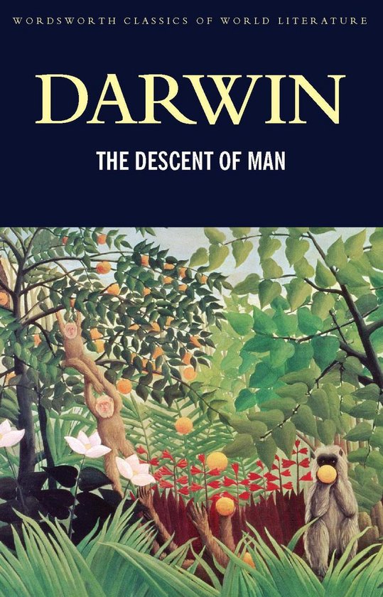 Boek kaft met de titel "DARWIN THE DESCENT OF MAN" en een schilderij van apen in een jungle.