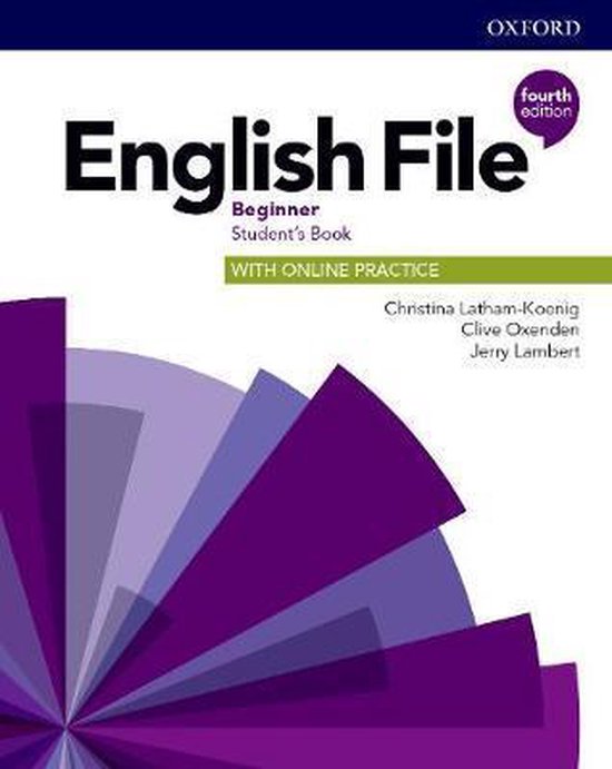 De voorkant van het 'English File Beginner Student's Book' van Oxford, vierde editie, met de tekst "WITH ONLINE PRACTICE". Abstracte paarse patronen op de achtergrond.