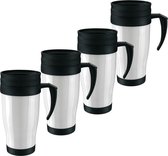 4x Thermosbeker/warmhoudbeker wit/zwart 400 ml - Thermo koffie/thee bekers dubbelwandig met schroefdop