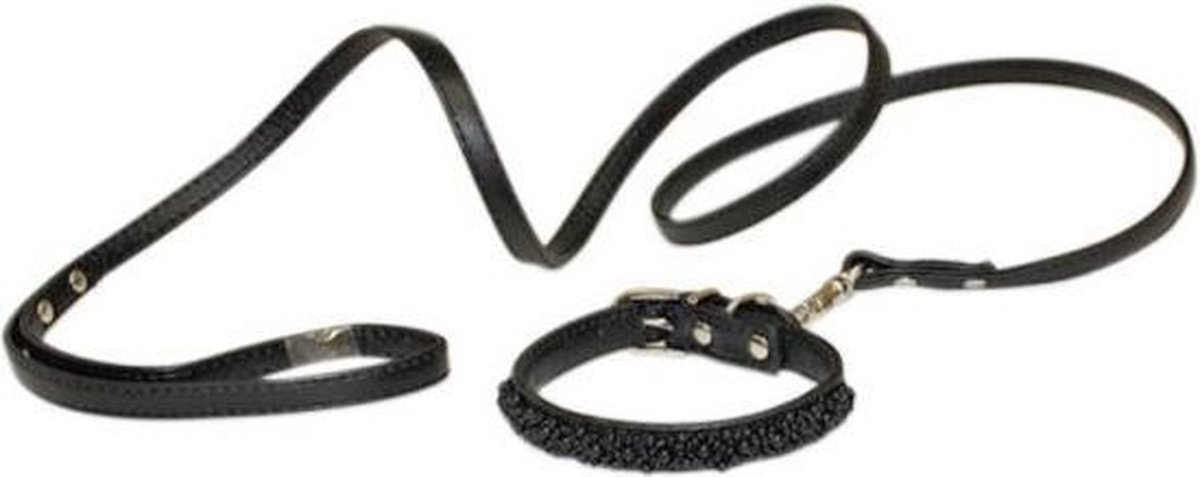 Croci hondenriem met halsband pearls parels zwart (17-22X1 CM / 120X1 CM)