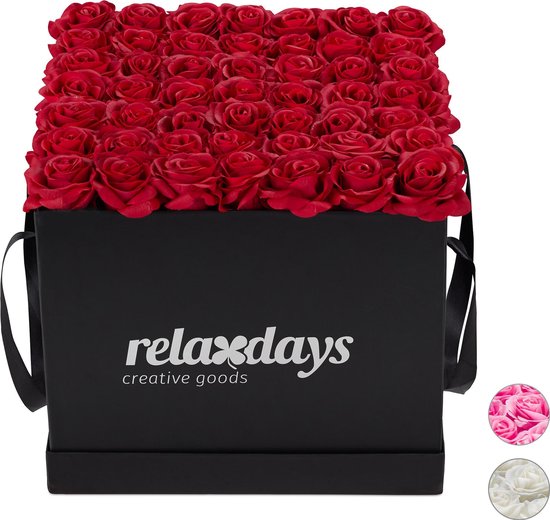 relaxdays flowerbox - rozenbox - bloemendoos - decoratie - 49 rozen - kunstbloemen rood