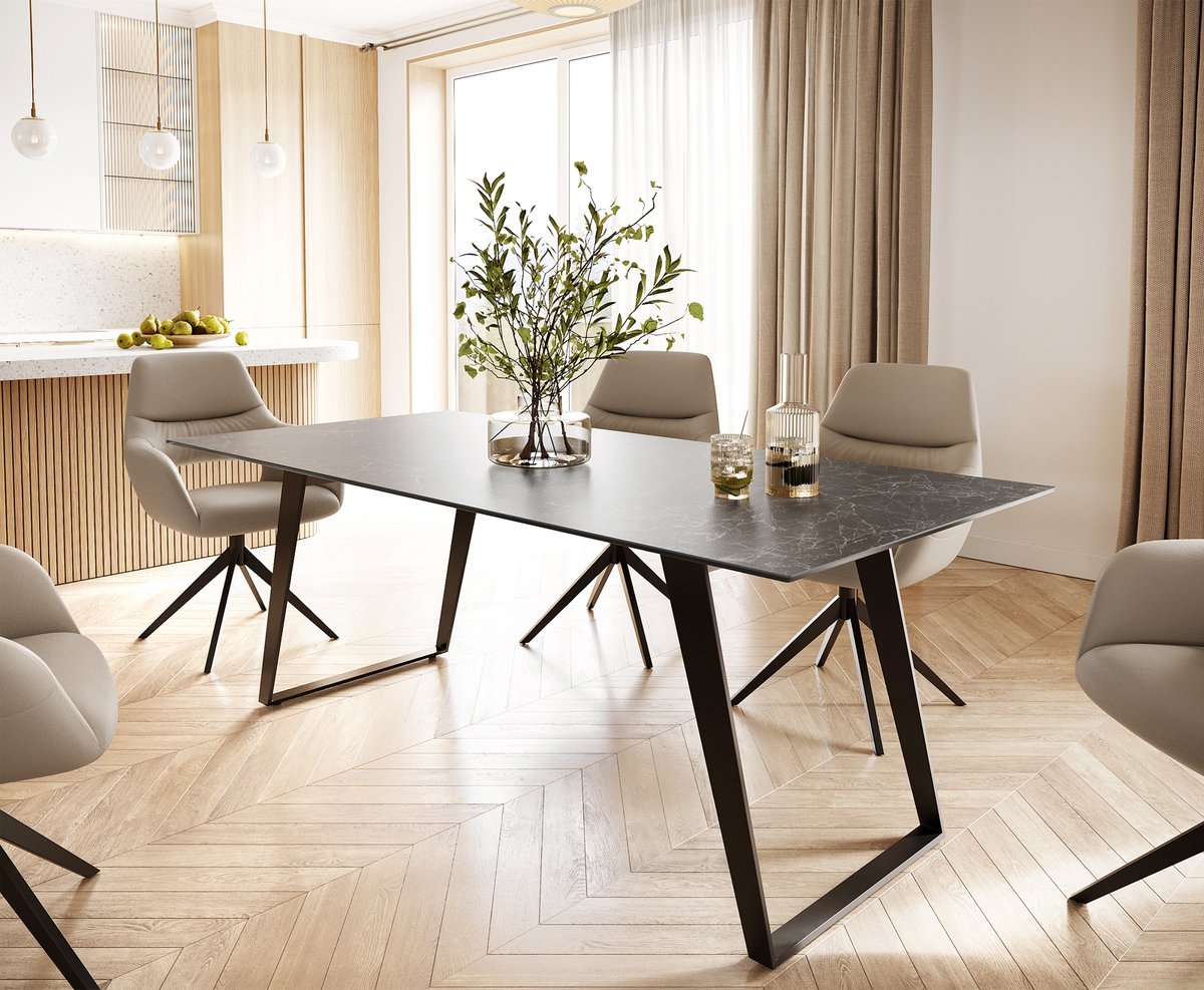 DELIFE Eettafel Edge keramiek Laminam® Nero Greco grijs 200x100 metaal schuin zwart Nero Greco Anthrazit