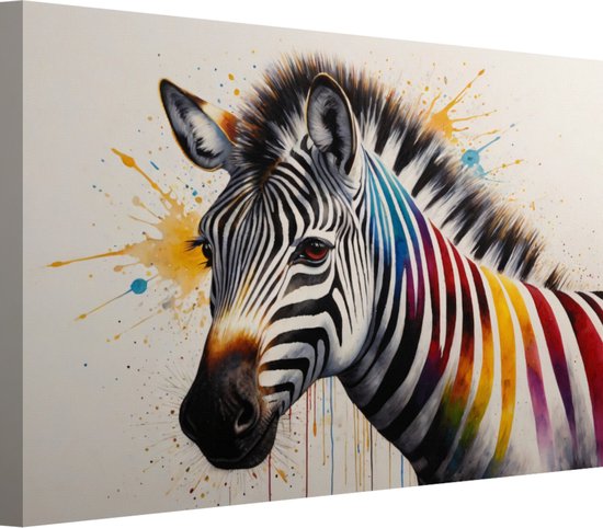 Kleurrijke zebra portret schilderij - Zebra schilderijen - Schilderijen canvas Dier - Wanddecoratie landelijk - Canvas - Muurdecoratie 90x60 cm