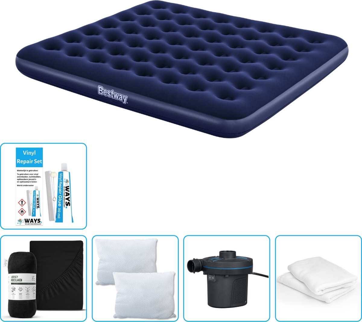Bestway luchtbed - 2-Persoons - 183 x 203 x 22 cm - Blauw - Inclusief Hoeslaken - Kussen - Kussenbeschermer - Pomp en Reparatieset