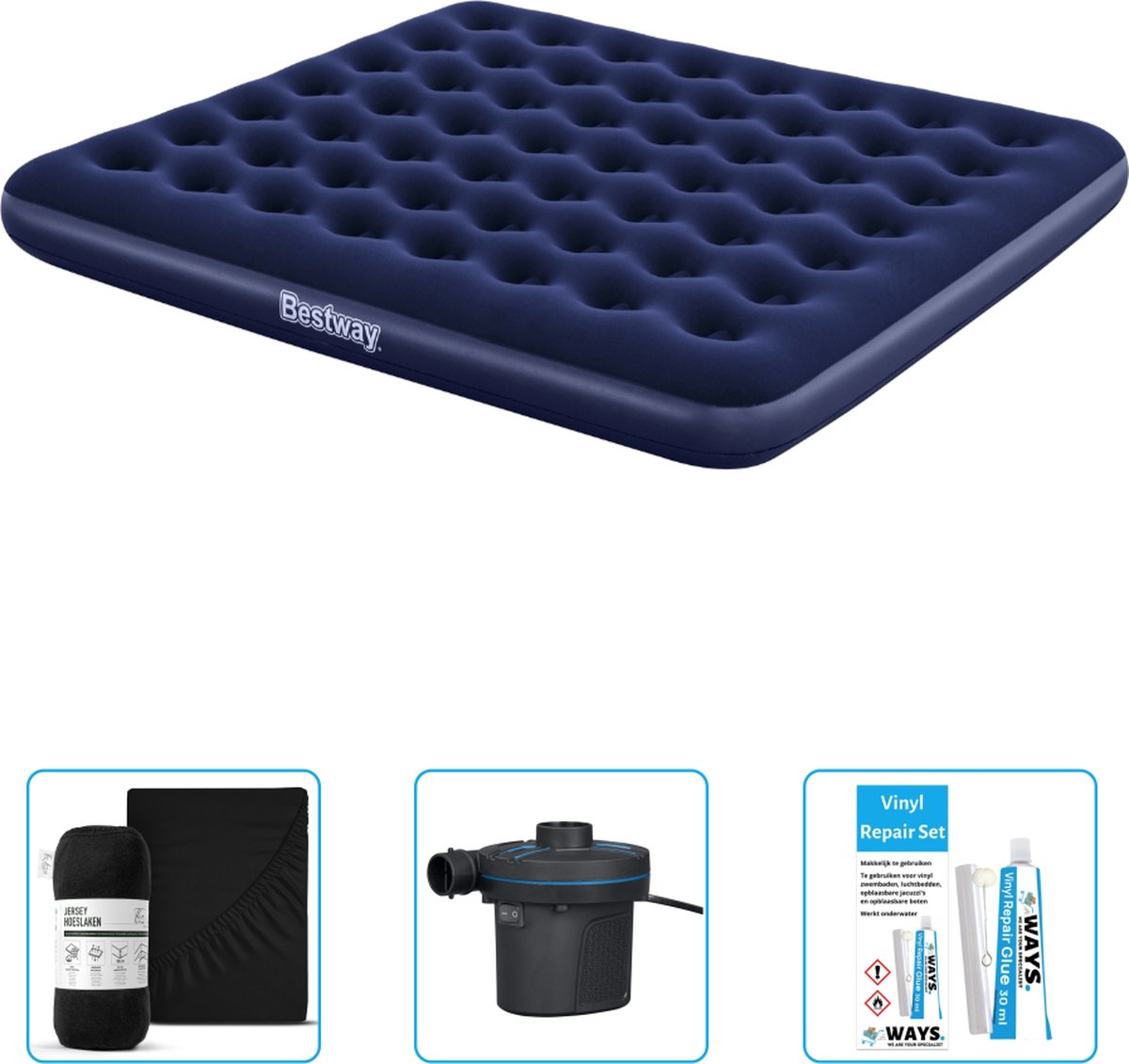 Bestway luchtbed - 2-Persoons - 183 x 203 x 22 cm - Blauw - Inclusief Hoeslaken - Pomp en Reparatieset