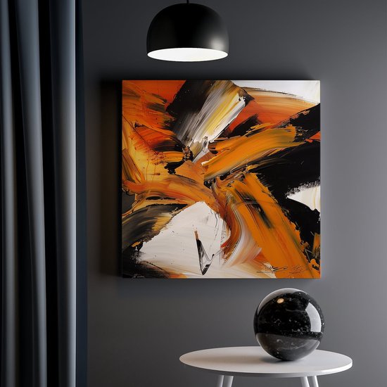 Artaza Canvas Schilderij Abstract Kunstwerk met Oranje en Zwarte Strepen - 30x30 - Klein - Foto Op Canvas - Canvas Print