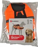 Een feloranje zwemvest voor honden, maat S, in plastic verpakking met informatie en afbeeldingen.
