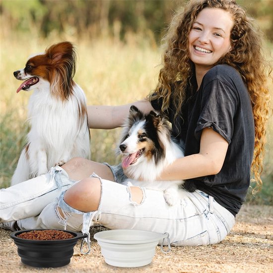 2 hondenkommen, opvouwbaar, geïntegreerde reiskom, kunststof randloos, draagbare siliconen drinkbeker, voor wandelen en kamperen, voor honden, katten, 600 ml (zwart en lichtgrijs)