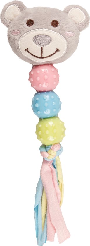 Grijze teddybeer speelgoed met roze, blauwe en gele noppenballen en gekleurde strikken.